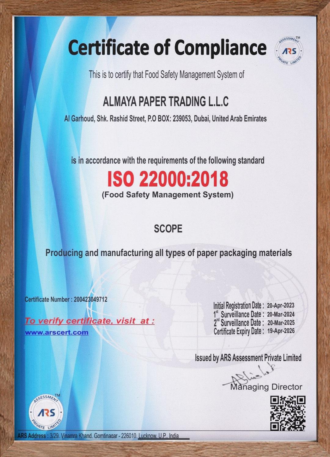 ARS-Certificate of Compliance-ISO-22000-2018